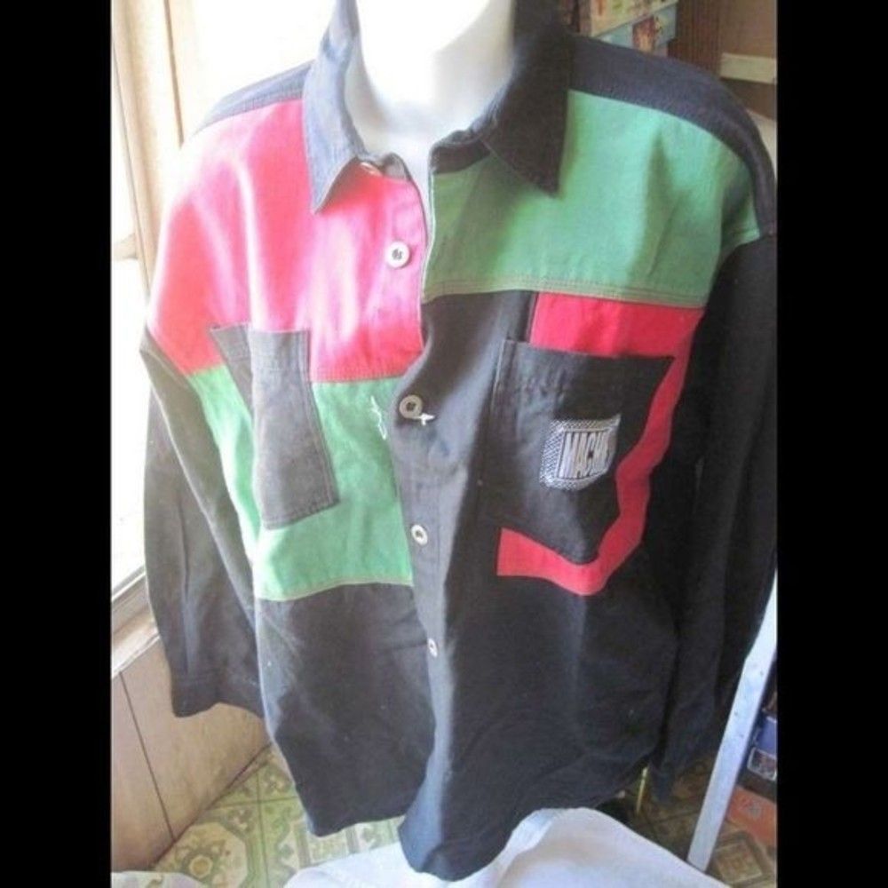 Machine Gun Long Sleeve Shirt Red Green Black Block Hip Hop Retro 80's Costume